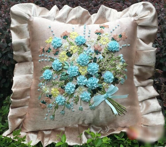 1 pieza 45x45 cm Hecho a mano Flor Azul Ramo Cinta Bordado Kit Funda de Almohada