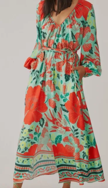 Farm Rio Anthropologie Poppy Print Maxi Dress Green Red Womens XS NWT $248