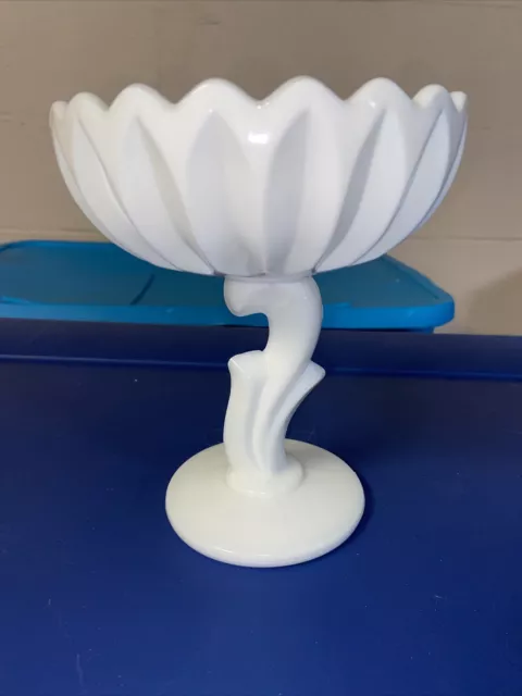 Vintage Indiana Glass Lotus Blossom Line Milk Glass Pedestal Compote Bowl 7.25"