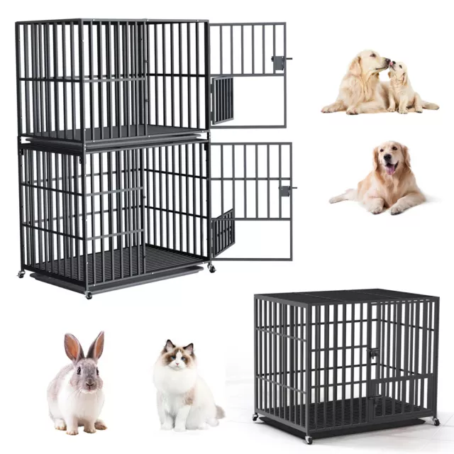 Single/Dual Tiers Heavy Duty Dog Pet Rabbit Cat Cage Crate Kennel w Tray XL XXL