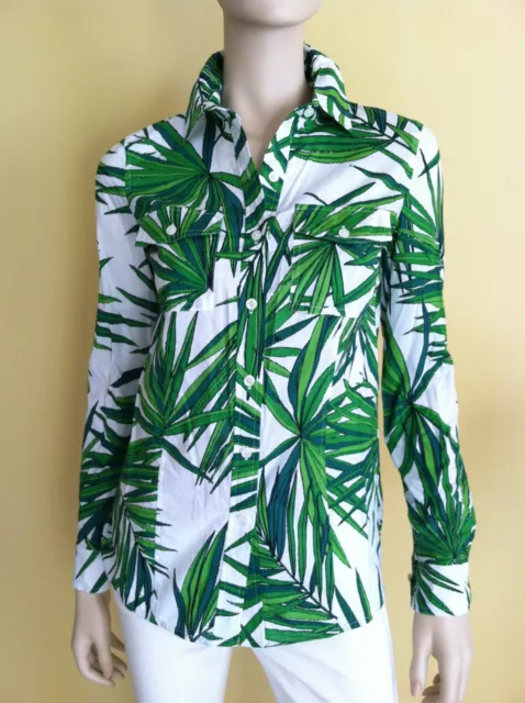 MICHAEL KORS Button Front Shirt Top Roll Up Sleeve Foliage White Green 2