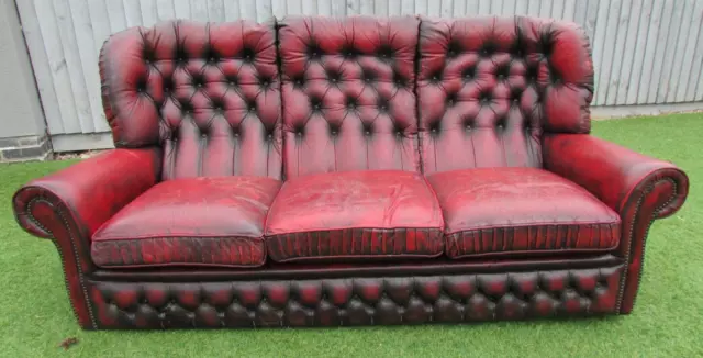 Oxblood Leather Chesterfield 3 seater button back Club Sofa settee