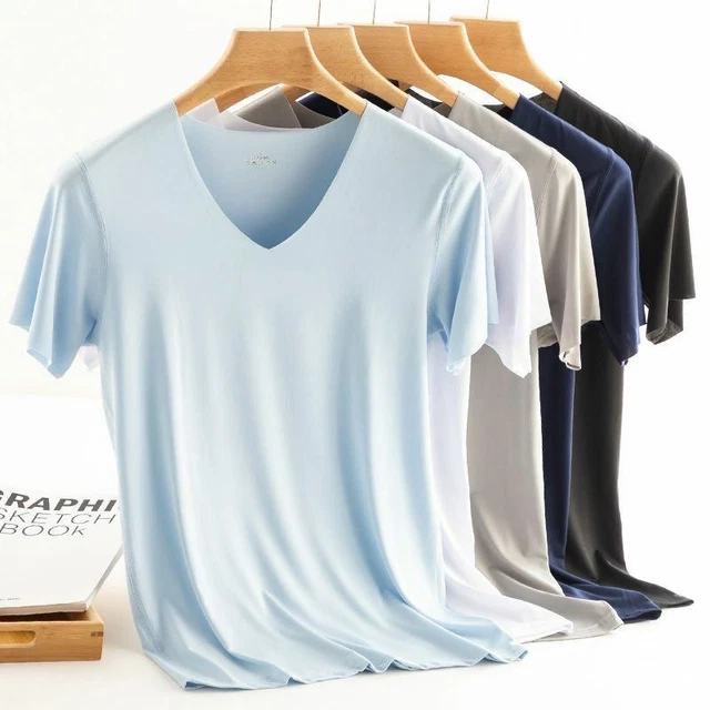 Uomo T Shirt Fitness Elastico Ghiaccio Collo A V, Manica Corta per Micro Fibra
