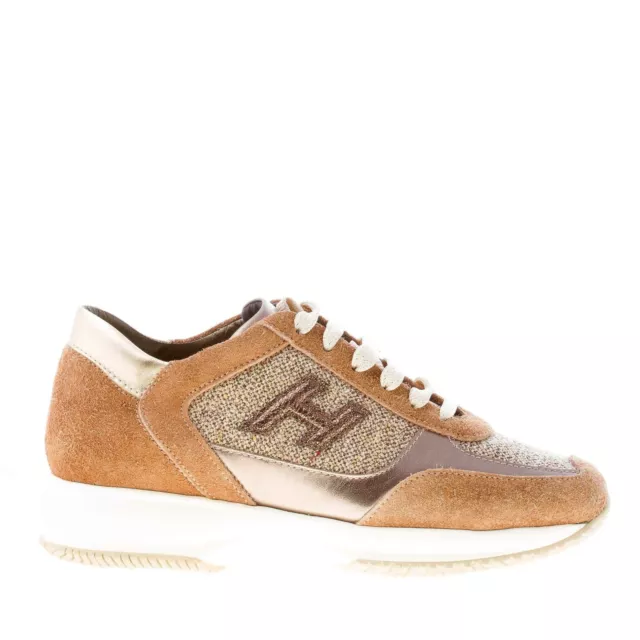 HOGAN scarpe donna Sneaker Interactive camoscio marrone più tessuto tweed shiny