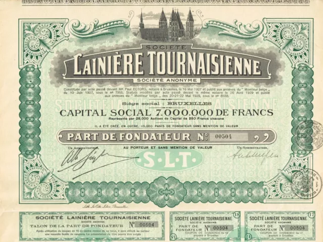 BELGIUM TOURNAISIAN WOOL COMPANY stock certificate