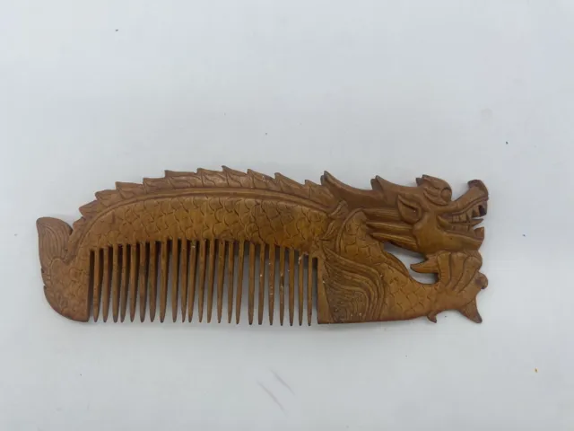 Vintage Chinese Hand Carved Wood Comb 6.5” Dragon Unique READ