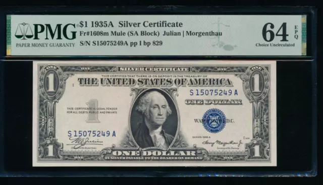 AC 1935A $1 Silver Certificate PMG 64 EPQ S-A block MULE Fr 1608m