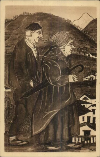 France Basques Natives Cute Old Couple Publ in Toulouse - Pencil Sketch PC