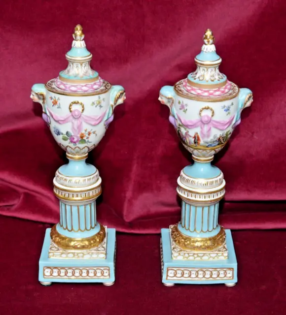 Antique Dresden/Meissen Hand Painted Porcelain Pedestal Urn Candlesticks Pair of