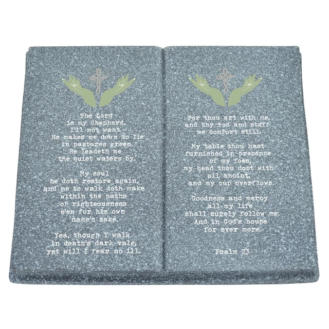 Grave Bible Salmo 23 libro commemorativo croce e mani lapide tributo grigio e bianco