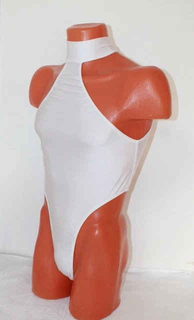 Men Thong Leotard 154-14 High Collar Open Back White Spandex Size XL