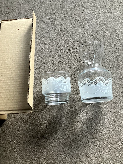 Brand New & Boxed Bedside Water Carafe Glass Decanter & Matching Tumbler   Lace