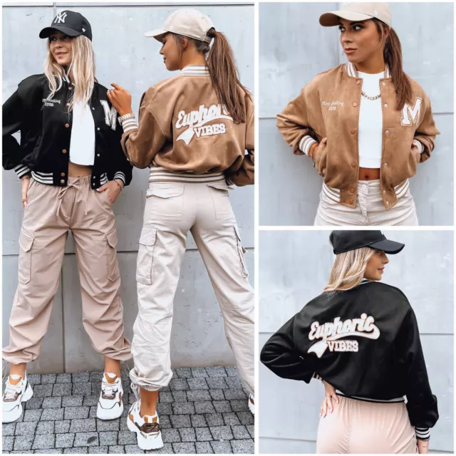 Baseball Jacke College Sweatjacke Sport Kurz Übergangsjacke Damen DSTREET S M L