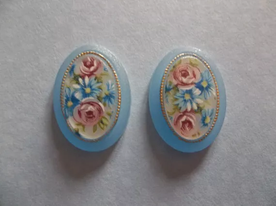 Vintage Cameos 18X13mm Oval Floral Rose Cabochons Matte Crystal Blue German 2pcs