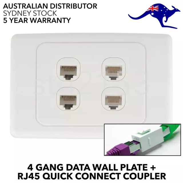 4 Gang Port Data Clipsal Style Wall Plate with RJ45 Cat6 8P8C LAN with Coupler