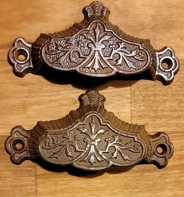 Pair Original Antique Eastlake Cast Iron Drawer Bin Cabinet Pulls Handles