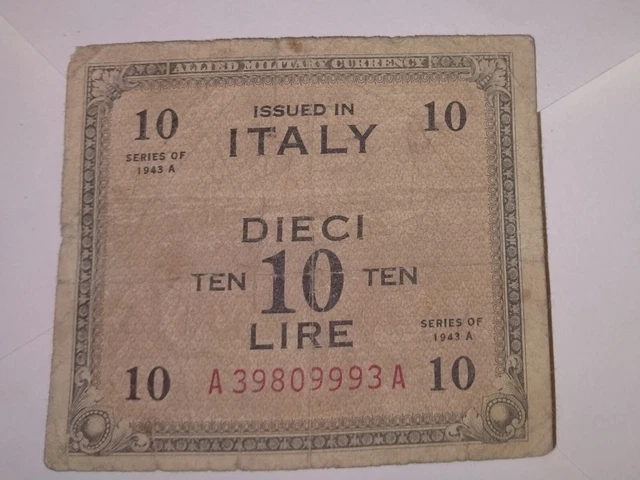 Banconota Lire 10 Ten Iussed In Italy Allied Military Currency Bilingue 1943 A