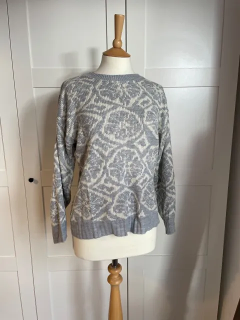 vintage Grey White Floral patterned Knitted Jumper Pullover Knitwear 80s 90s M