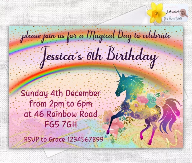 Personalised Rainbow Unicorn Birthday Party Invitations Girls  Party Invites