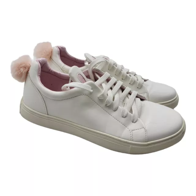 Madden Girl Shoes Womens 8.5 Bunny Sneakers, Rabbit Ear White Lace Up PomPoms