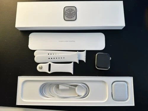 Apple Watch Series 8 Edelstahl Silber cellular 45mm Sportarmband weiss