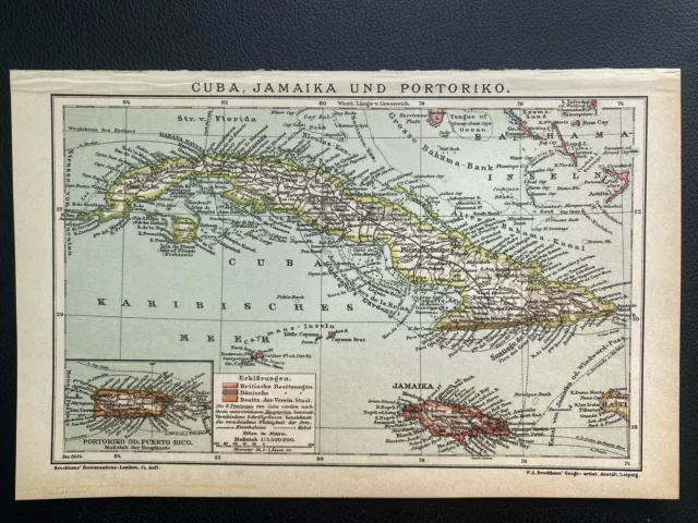 antike historische Landkarte Cuba Jamaika und Portoriko um 1900