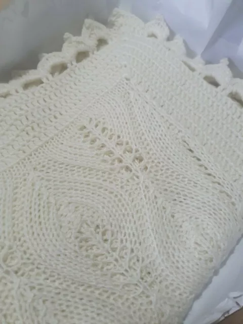 Hand Knitted Baby Blanket Lace Shawl Christening Baptism Newborn Baby Gift Ivory