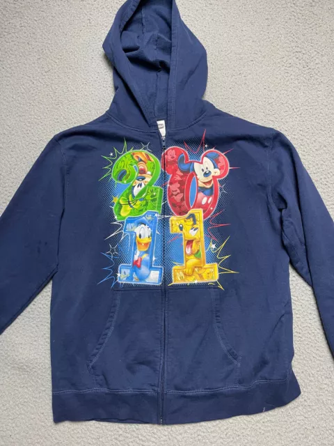 Disney Hoodie Jacket Large Blue Full Zip 2011 Mickey Mouse Goofy Pluto Donald
