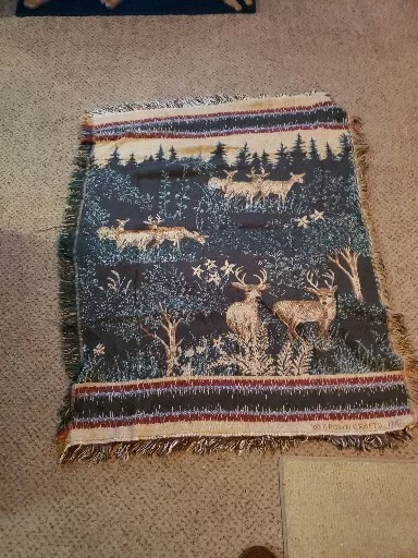 Crown Crafts Vintage 90's Woven Cotton Throw Blanket Deer Outdoor Scene USA Made