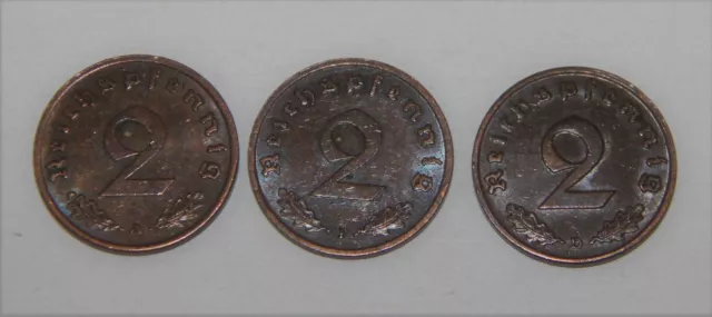 Nazi ,3 verschiedene 2 Pfennig Kupfer , 1937 A,F, D , sehr gut erhalten , preis