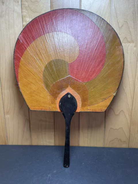 Antique 19c. Chinese 3 color painted reed fan w/black  lacquer handle