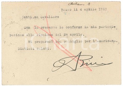 AUTOGRAFO 1940 CICLISMO PRATO Cartolina Aldo BINI per conferma gara 