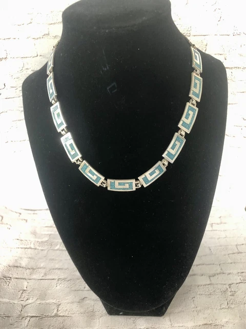Sterling Silver & Turquoise Inlay Necklace Choker Taxco TS-02  Mexico 16”
