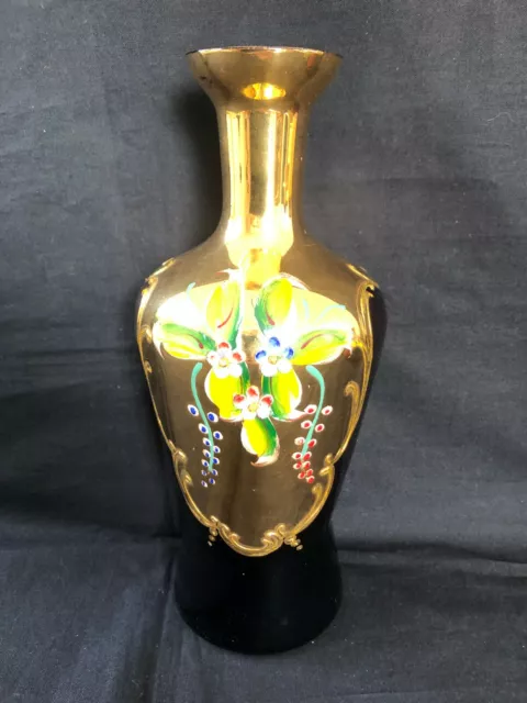 Antique bohemian glass vase high enamel gilded . Pontil mark. 19th century