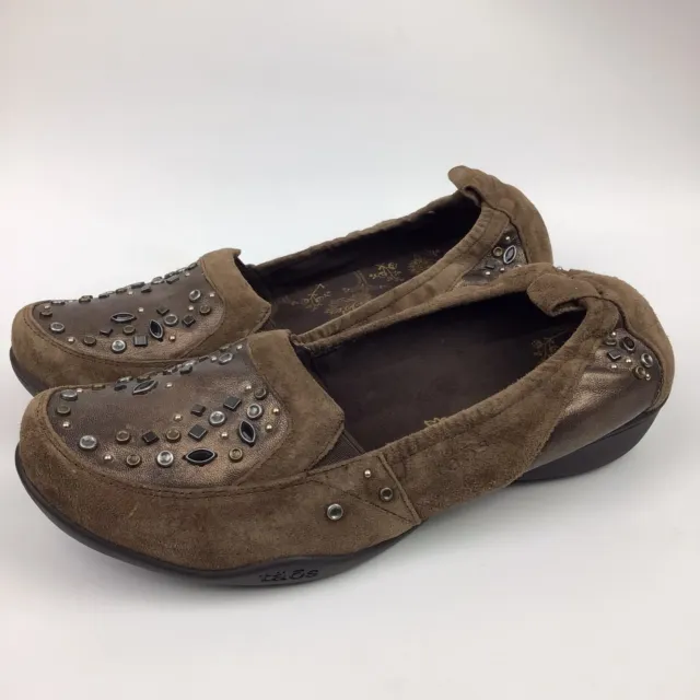 Taos Brown Suede Slip On Stud Embellished Tuck Heel moccasin loafer EUC 10