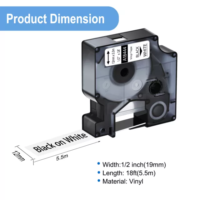 4PK Black on White IND Vinyl Label Tape 18444 for Dymo Rhino 3000 6000 5200 1/2" 3