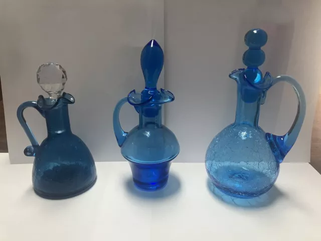 3 Blue Glass Cruet Crackle Glass Peacock Blue Oil Vinegar Bottle Hand Blown