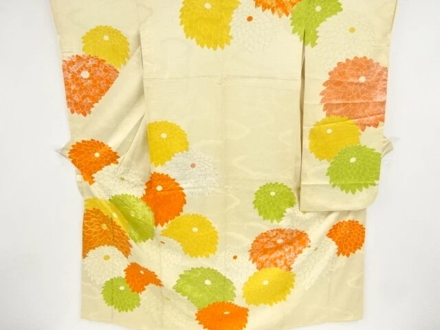 09825# Japanese Kimono / Antique Furisode / Embroidery / Kiku