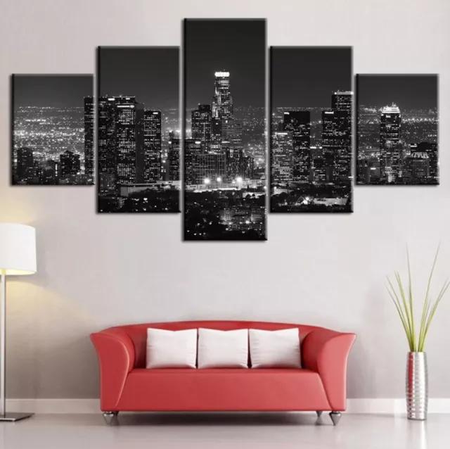 Los Angeles Black & White Skyline City 5 Panel Canvas Print Wall Art Home Decor