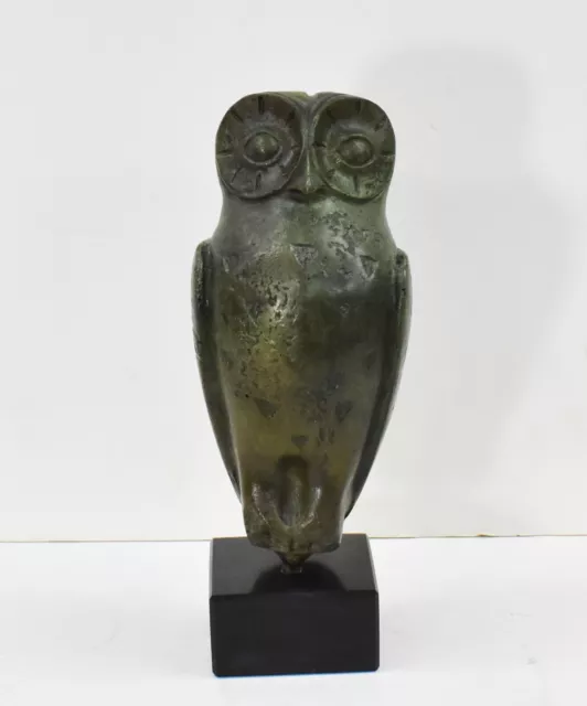 Owl of Wisdom Bronze statue on marble base - Goddess Athena symbol - Athens