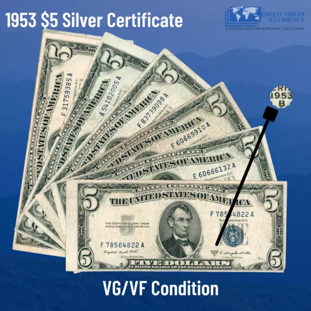 ✔ One 1953 Blue Seal $5 Dollar Silver Certificate, VG/VF,Old US Five Dollar Bill