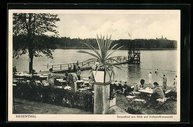 Biesenthal, Strandbad mit Blick auf Polizei-Kuranstalt, Ansichtskarte 1933