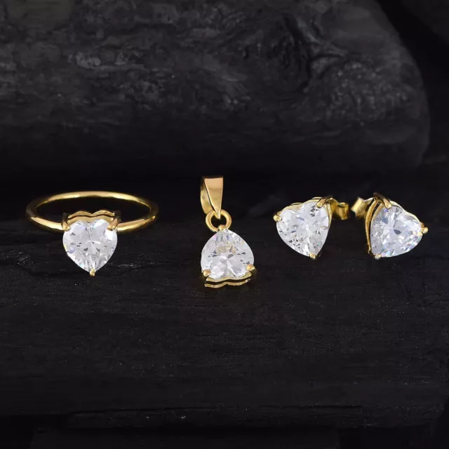 18K Oro Sobre Plata de Ley Forma Corazón Cristal Natural Cuarzo Conjunto Joyas