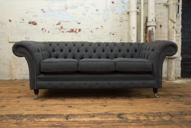 Handmade 3 Seater Dark Grey Herringbone Wool Chesterfield Sofa, Fabric Couch