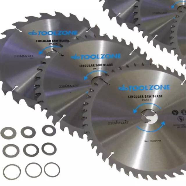 Circular Saw Blades 235mm 9" TCT 3pc 24, 40 & 48T - Fine Med Course Cut Reducers