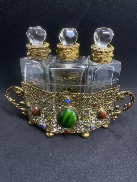 Antique Etched Crystal Perfume Bottle Set Sat In A Gilt Filagree/Ormolu Stand