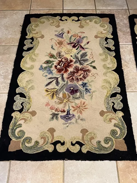 Rare Pair of Vintage Hand-Hooked Floral Rugs 52” X 32” Nice Condition From 1950s 2