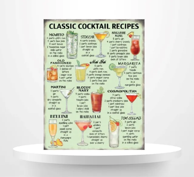 Classic cocktail Menu recipe metal wall sign plaque home bar man cave wine bar