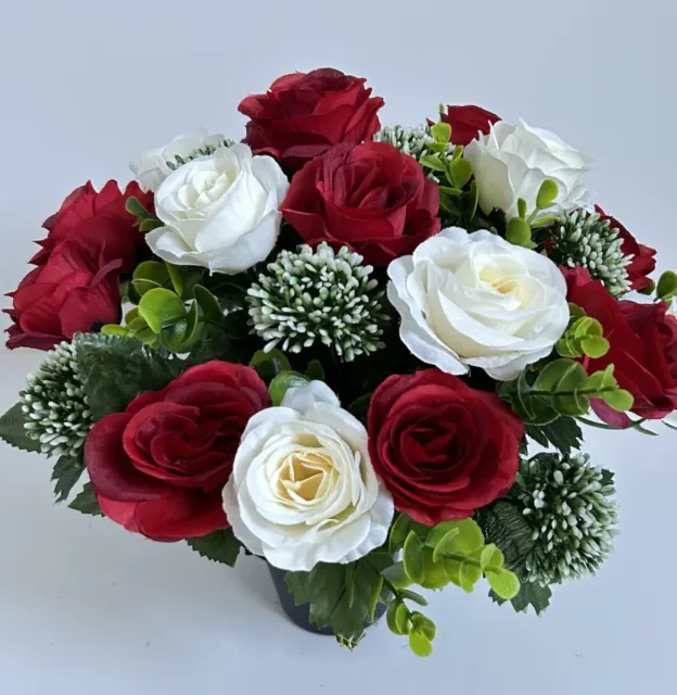 Artificial Faux Silk Flowers Red Roses Memorial Grave Pot Flowers Christmas