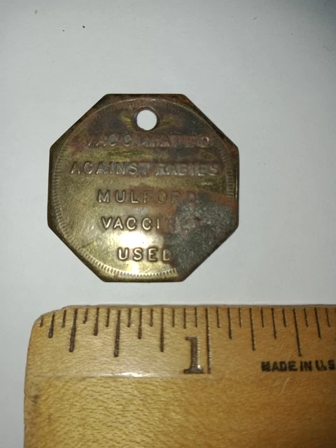 Vintage 1934 Dog Rabies Tag/Mulford Vaccine Used/Found Near Danville, Illinois